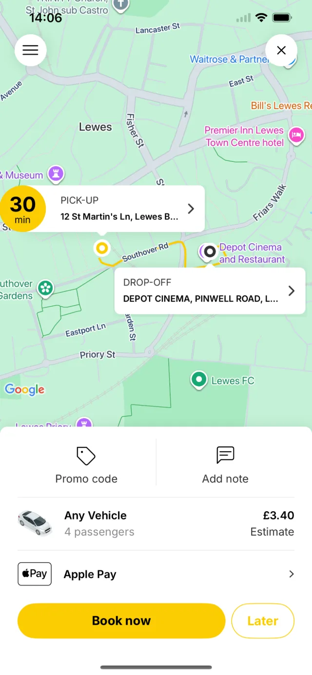 Lewes Taxis Network app booking screen with a fare estimate and Book now button