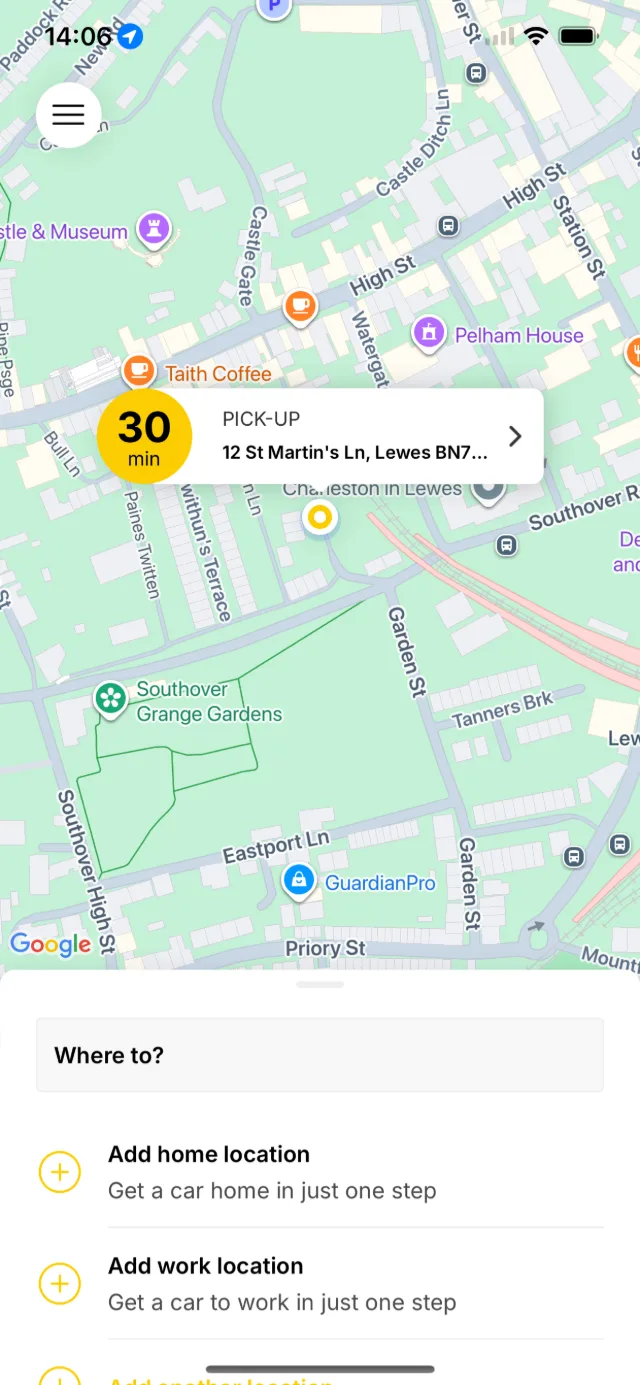 Lewes Taxis Network app showing a pickup on St Martin's Lane in Lewes